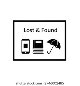 Simple black and white illustration featuring lost and found items like phone, book, and umbrella in a rectangular frame