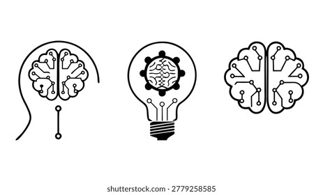 A simple black and white illustration featuring three brain icons and a light bulb icon, representing ideas, intelligence, and innovation.