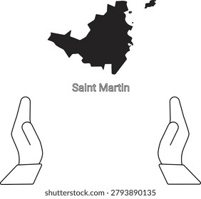 A simple black and white illustration featuring the outline map of Saint Martin island above the text Saint Martin, flanked by two open hands.