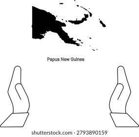 A simple black and white illustration featuring the outline of Papua New Guinea above two open hands.