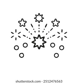 Simple black and white illustration of fireworks with starburst patterns. Perfect for celebration-themed designs, especially for New Years, Independence Day, and festive occasions.