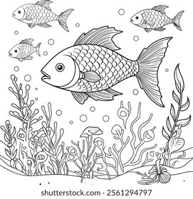 Simple black and white illustration of a fish with clear outlines and details.