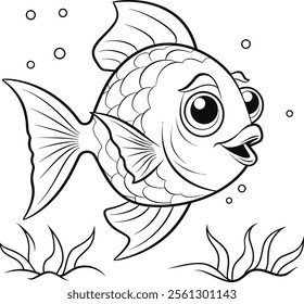 Simple black and white illustration of a fish with clear outlines and details.