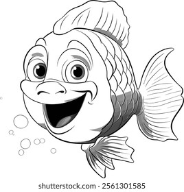 Simple black and white illustration of a fish with clear outlines and details.