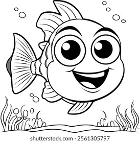 Simple black and white illustration of a fish with clear outlines and details.