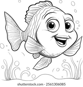 Simple black and white illustration of a fish with clear outlines and details.