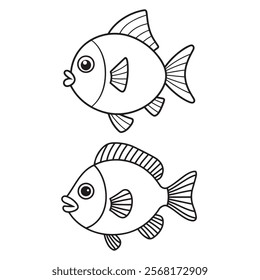 A simple black and white illustration of a fish for a children's coloring book.