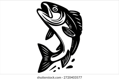 Simple ilustración en blanco y negro de un pez con fondo claro. Iconos de vector de peces. Vector de pescado. Peces saltando.