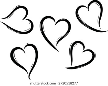 A simple black and white illustration of five hand drawn hearts