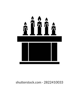 A simple black and white illustration of five lit candles standing on a table.