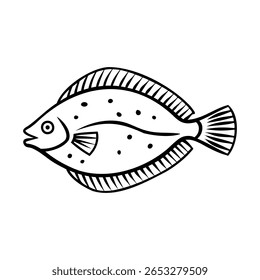 A simple black and white illustration of a flatfish with a rounded body and distinct spots. The fish is oriented sideways, showcasing its unique shape.
