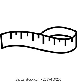 Simple black and white illustration of a flexible measuring tape.Spaced markings, indicating units of measurement. Commonly used in fields like tailoring, construction, and crafts.