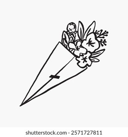 Simple black and white illustration of a flower bouquet. Hand-drawn style with delicate flowers wrapped in paper. Minimalist floral art. Simple black line art doodle vector.