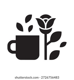 A simple black and white illustration of a flower growing from a coffee cup