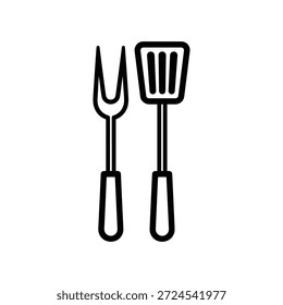 Simple ilustración en blanco y negro de un tenedor y espátula icono, que representa utensilios de cocina.
