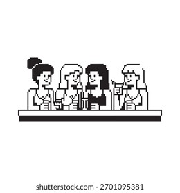A simple black and white illustration of four women standing at a bar, holding drinks and conversing.
