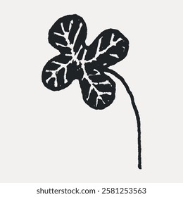 Simple black and white illustration of a four-leaf clover with a long stem. The clover has a textured, hand-drawn appearance, emphasizing its natural look. Vintage botanical leaf illustration vector.