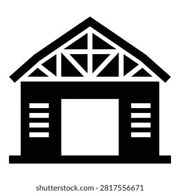 a simple black and white illustration of a garage building with an open door