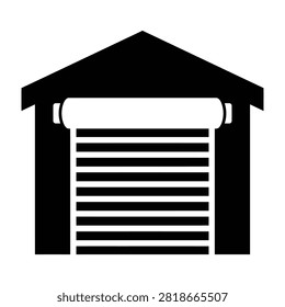 A simple black and white illustration of a garage with a roll-up door and peaked roof