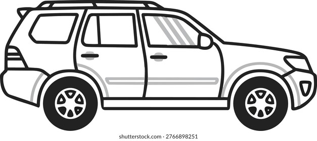 A simple black and white illustration of a generic SUV car, shown from the side.