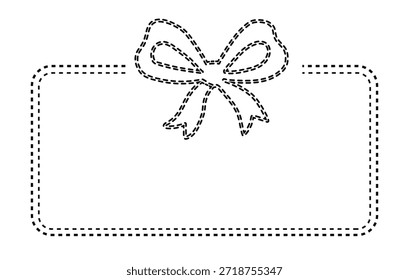 Una simple ilustración en blanco y negro de una etiqueta de regalo con un borde punteado y lazo de cinta
