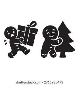 Simple ilustración en blanco y negro de personas de pan de jengibre con un regalo y árbol de Navidad.