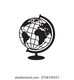 Ilustración en blanco y negro simple de un globo terráqueo con África y América del Sur en un soporte con un fondo blanco liso