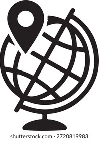 Simple black and white illustration of a globe with a map pin placed on it, symbolizing location and travel.