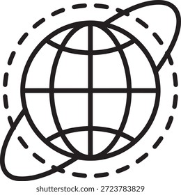 Simples ilustração em preto e branco de um globo rodeado por elementos em órbita sobre um fundo branco limpo simbolizando conectividade global e design moderno.