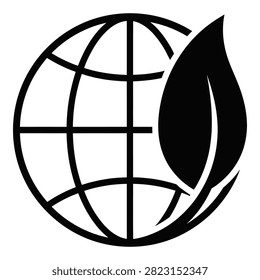 Simple black and white illustration of a globe with a leaf symbolizing eco-friendliness and earth conservation