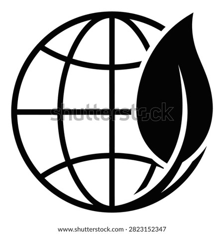 Simple black and white illustration of a globe with a leaf symbolizing eco-friendliness and earth conservation