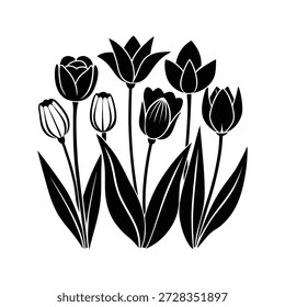 Uma ilustração simples em preto e branco de um grupo de tulipas com folhas sobre um fundo branco plano