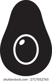 A simple black and white illustration of a halved avocado with its pit