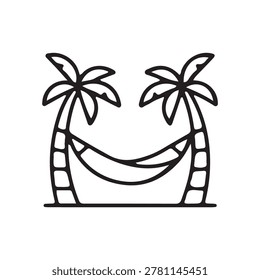 Simple black and white illustration of a hammock suspended between two palm trees.