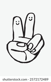 Simple black and white illustration of a hand showing a peace sign. Smiling faces on fingers add a playful touch to the peace gesture. Simple black line art doodle vector.