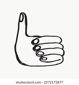 Simple black and white illustration of a hand giving a thumbs up. Bold lines define the hand gesture, symbolizing approval or agreement. Simple black line art doodle vector.