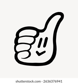 Simple black and white illustration of a hand giving a thumbs up with a smiling face. The thumbs up symbol is playful and positive, with a cheerful expression. Cute doodle vector.