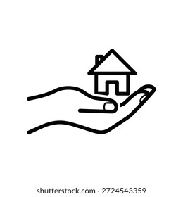 Simple black and white illustration of a hand cradling a house outline