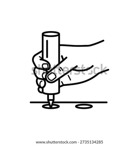 Simple black and white illustration of a hand holding a stamp, creating a circular impression on a flat surface.