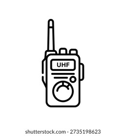 Simple black and white illustration of a handheld UHF radio transceiver device with antenna and dial controls.