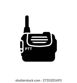 Simple black and white illustration of a handheld walkie talkie device with PTT button.