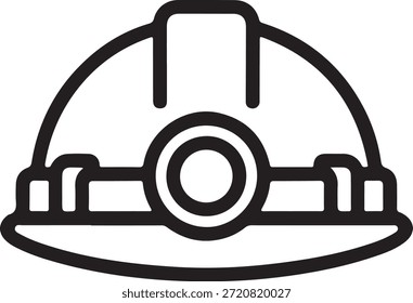 Einfache Schwarz-Weiß-Illustration eines harten Hutes, der für die Sicherheit im Bau- und Industriebereich für Arbeitnehmer verwendet wird, mit einem fetten Umriss und minimalistischem Design auf weißem Hintergrund.
