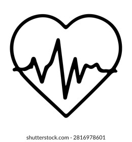 A simple black and white illustration of a heart with an electrocardiogram line running through it, symbolizing health and heartbeat monitoring.