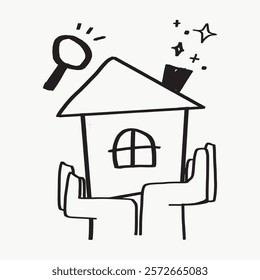 Simple black and white illustration of a house held by hands, featuring a magnifying glass and stars, symbolizing home care and inspection. Simple black line art doodle vector.