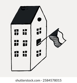 Simple black and white illustration of a house with a flag. The house has multiple windows and a pitched roof. The flag is waving from a side window. Vintage art illustration, vector.