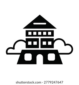 A simple black and white illustration of a house sitting on a bridge with clouds nearby, ideal for design projects or presentations.