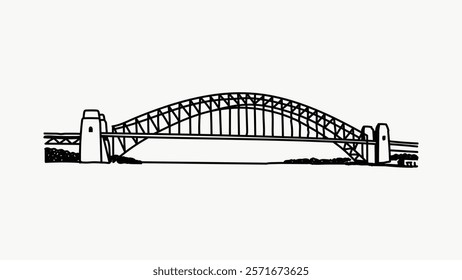 Simple black and white illustration of an iconic arched bridge. Minimalist design captures the bridge's structure and symmetry. Simple isolated black line art doodle vector.