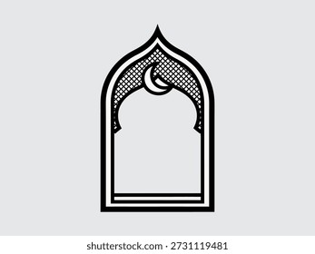 Ilustração simples em preto e branco de um arco islâmico com uma lua crescente
