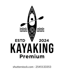 Ilustración simple en blanco y negro de un kayak con diseño de logotipo de paletas y olas