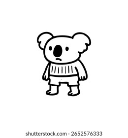 Ilustração simples em preto e branco de um coala vestindo roupas listradas